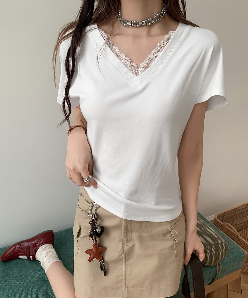 白Tシャツ レースVネック半袖Tシャツ春夏レディース