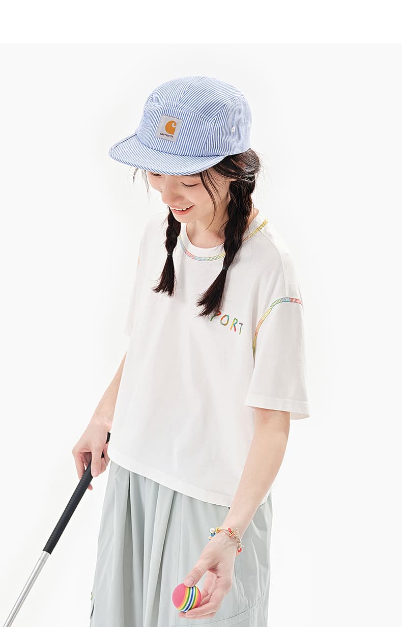 白Tシャツ 虹色ステッチ装飾クルーネック半袖