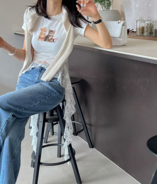 白Tシャツ レディース 白 半袖 猫プリント レース裾ブラウス