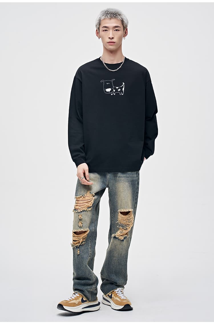 白Tシャツ メンズ わんこイラスト長袖ゆるシルエット