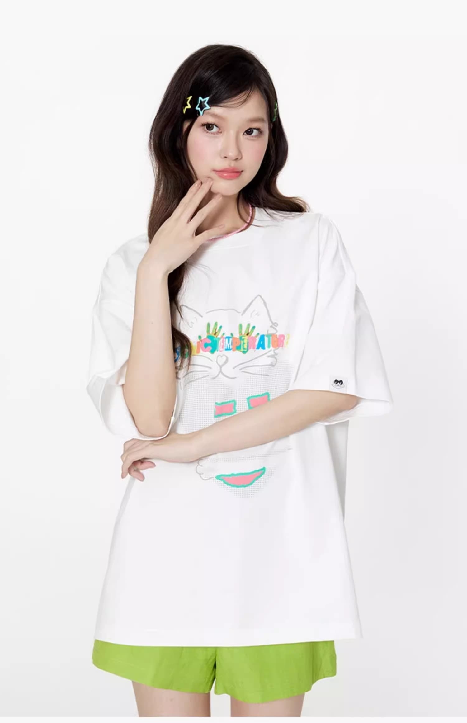 白Tシャツ レディース ゆるキャラ風イラスト半袖カットソー