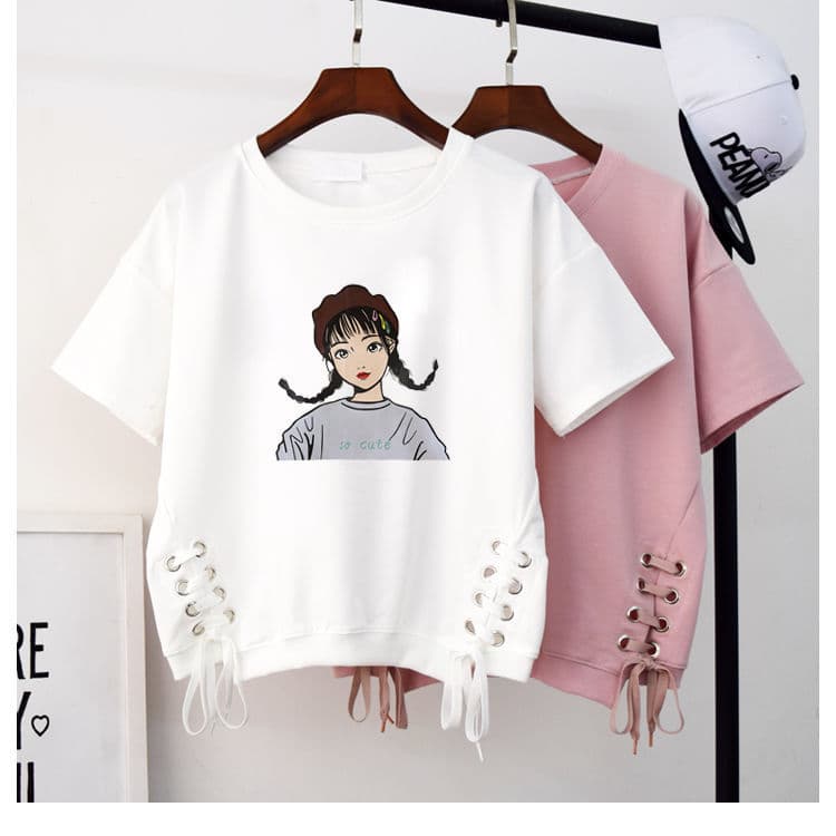 白Tシャツ 可愛い顔プリントレディース白半袖サイド編み込み