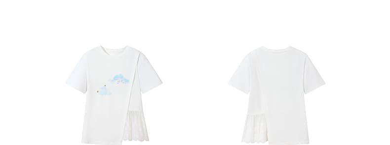 白Tシャツ レース裾切替え雲柄デザインシャツ