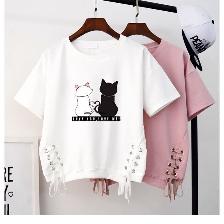 白Tシャツ 可愛い顔プリントレディース白半袖サイド編み込み