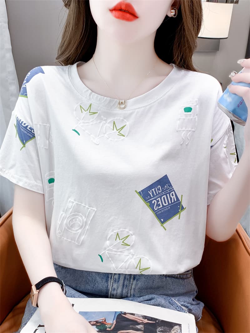 白Tシャツ レディース モダン柄プリントゆったり半袖