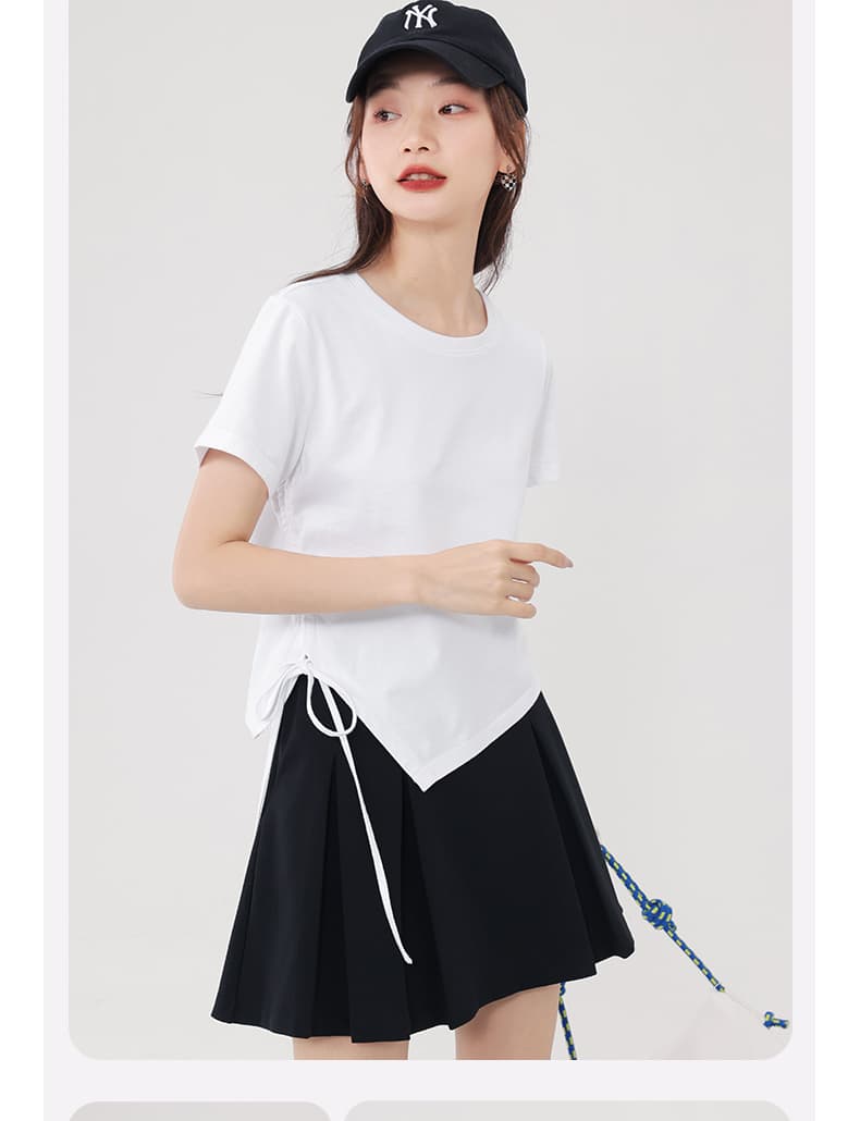 白Tシャツ サイドリボン 非対称裾デザイン Tシャツ