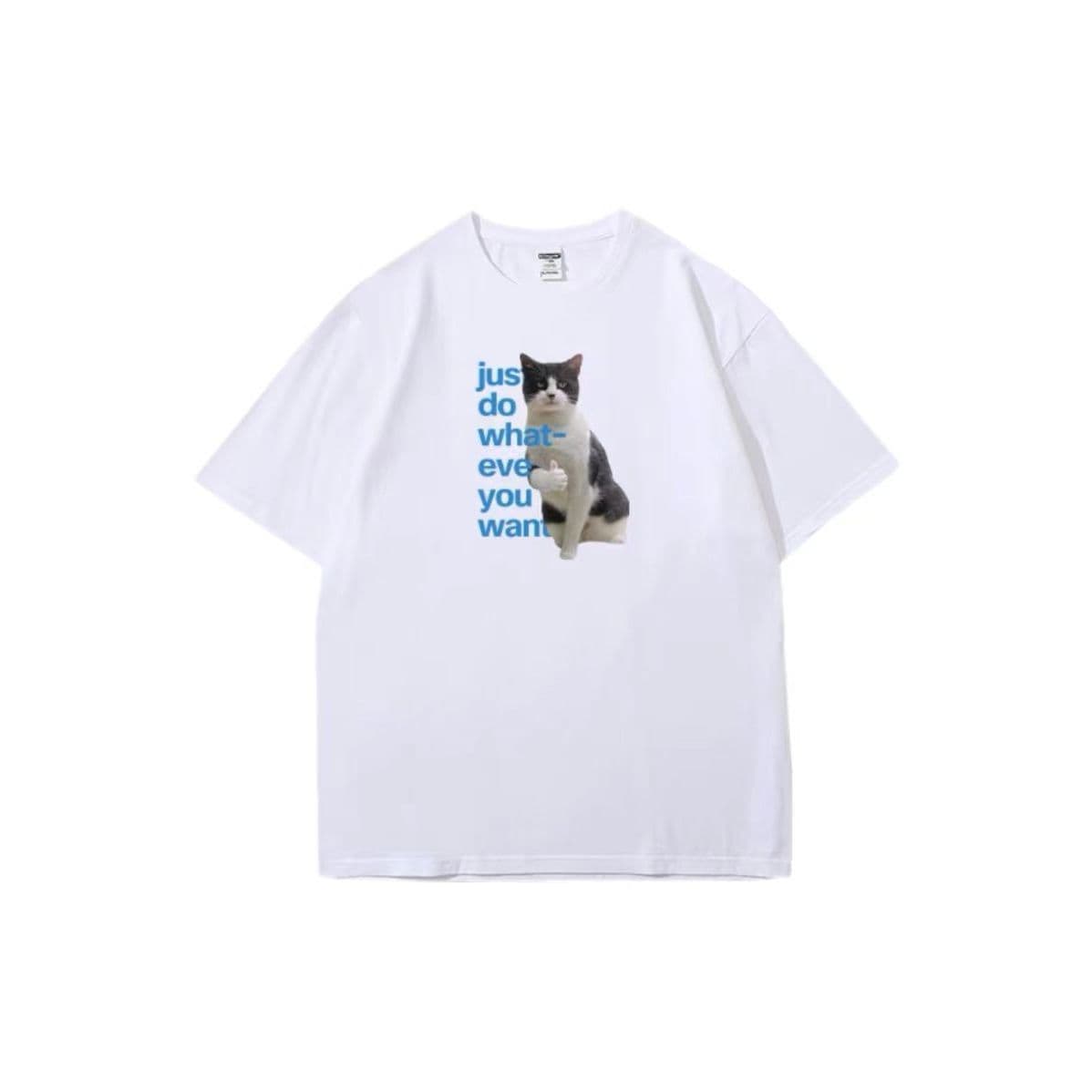 白Tシャツ メンズ 気ままな猫イラスト入り半袖シャツ