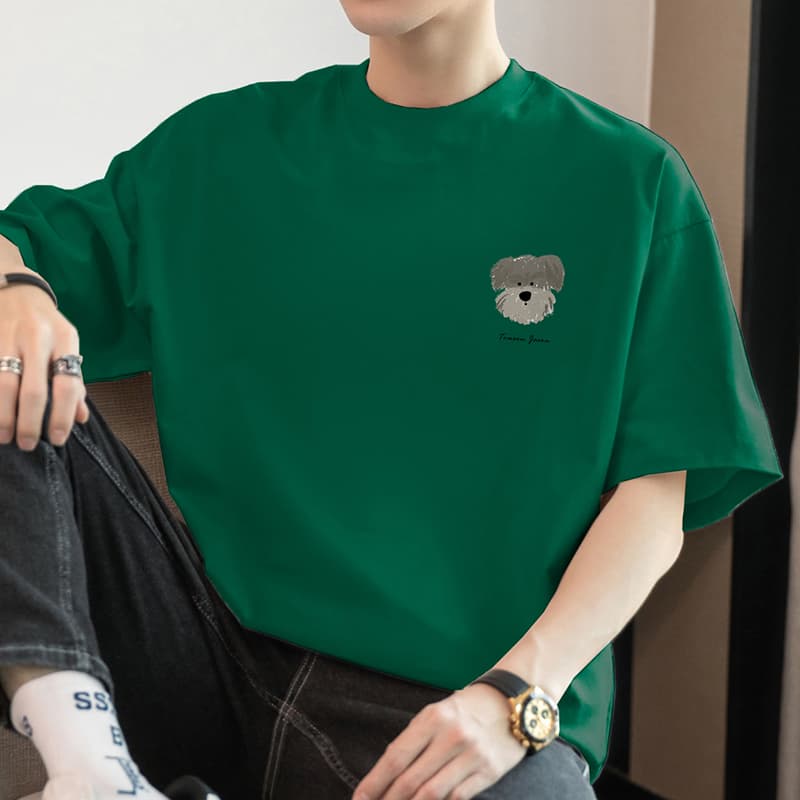 白Tシャツ メンズ 子犬刺繍入りゆったり半袖