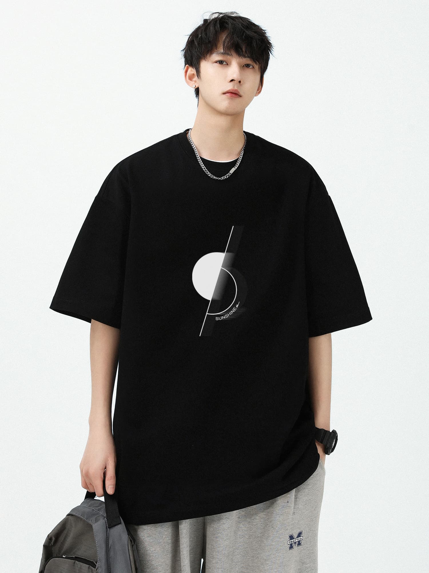 白Tシャツ メンズ 幾何学模様ビッグシルエット半袖