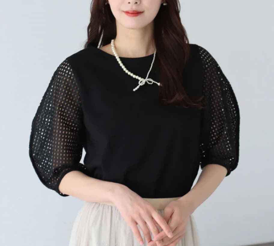 白Tシャツ レディース 半袖 白 透かし編み袖 ゆったり丸首