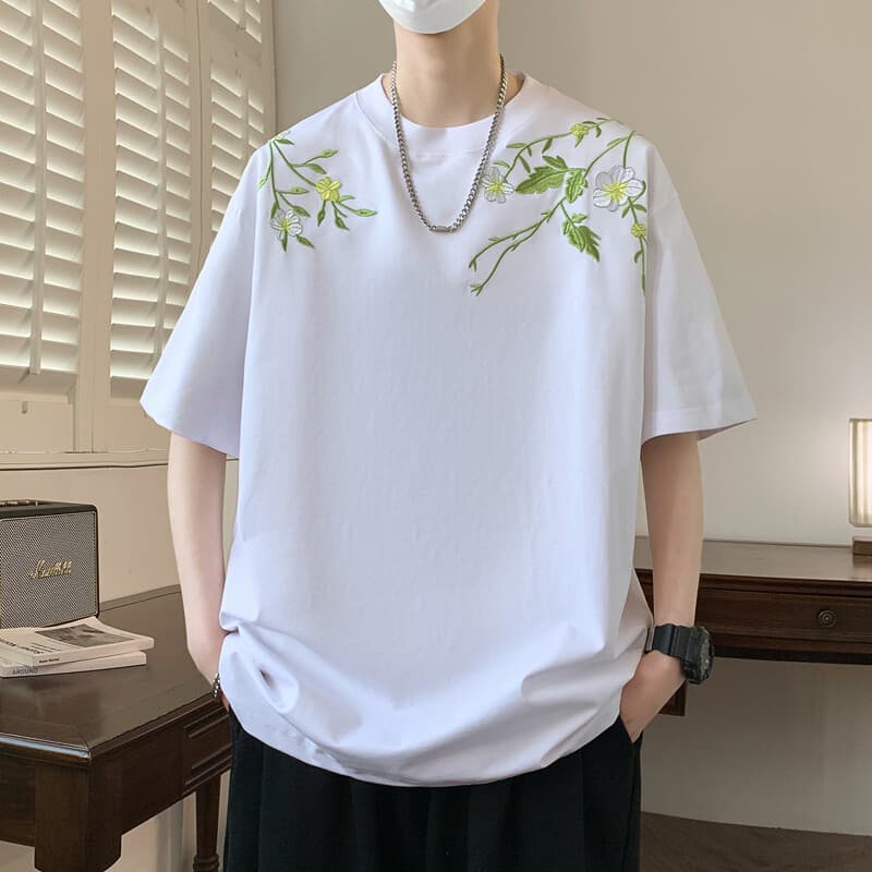 白Tシャツ メンズ 花草刺繍ゆったり半袖