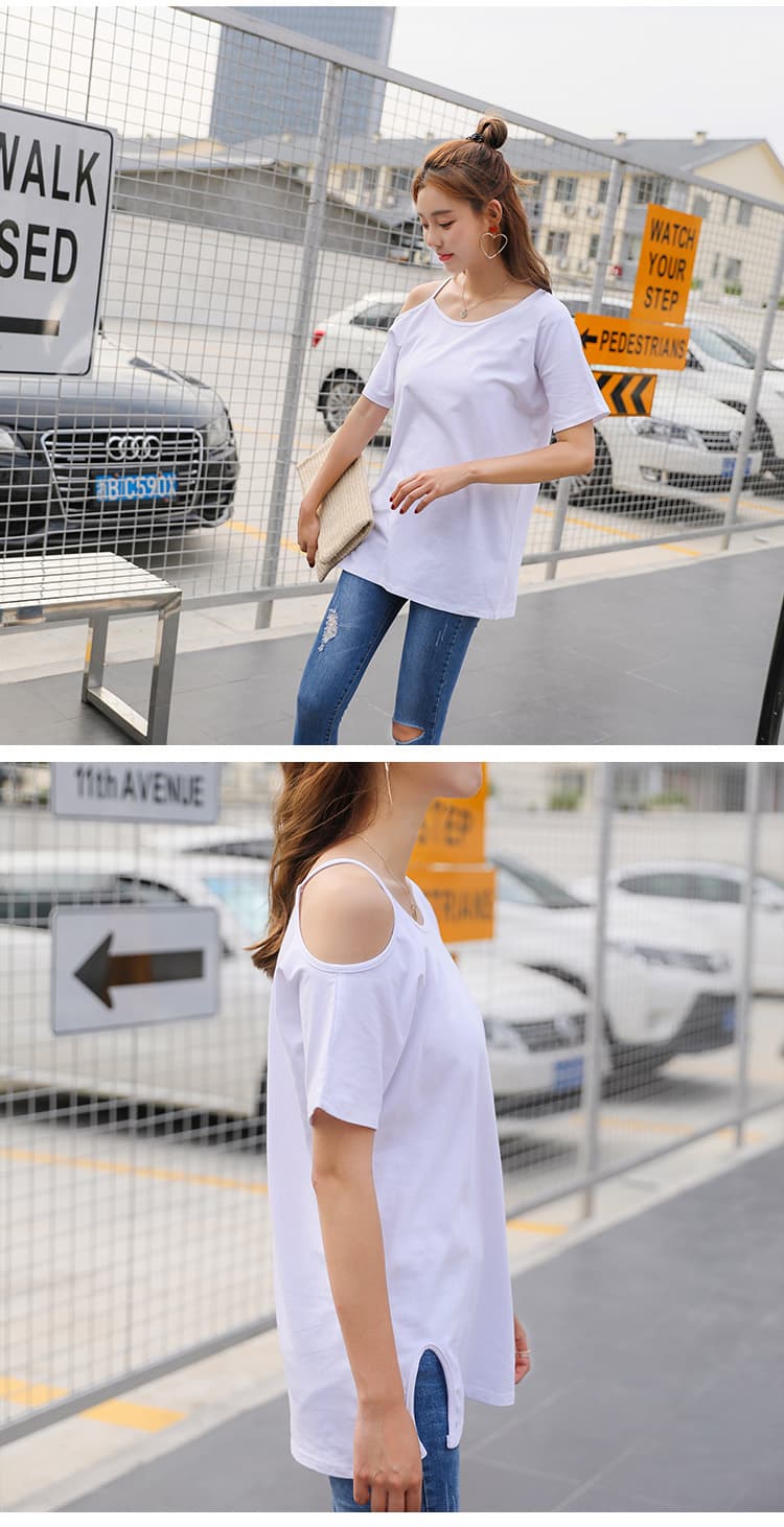 白Tシャツ レディース アシンメトリー肩見せ