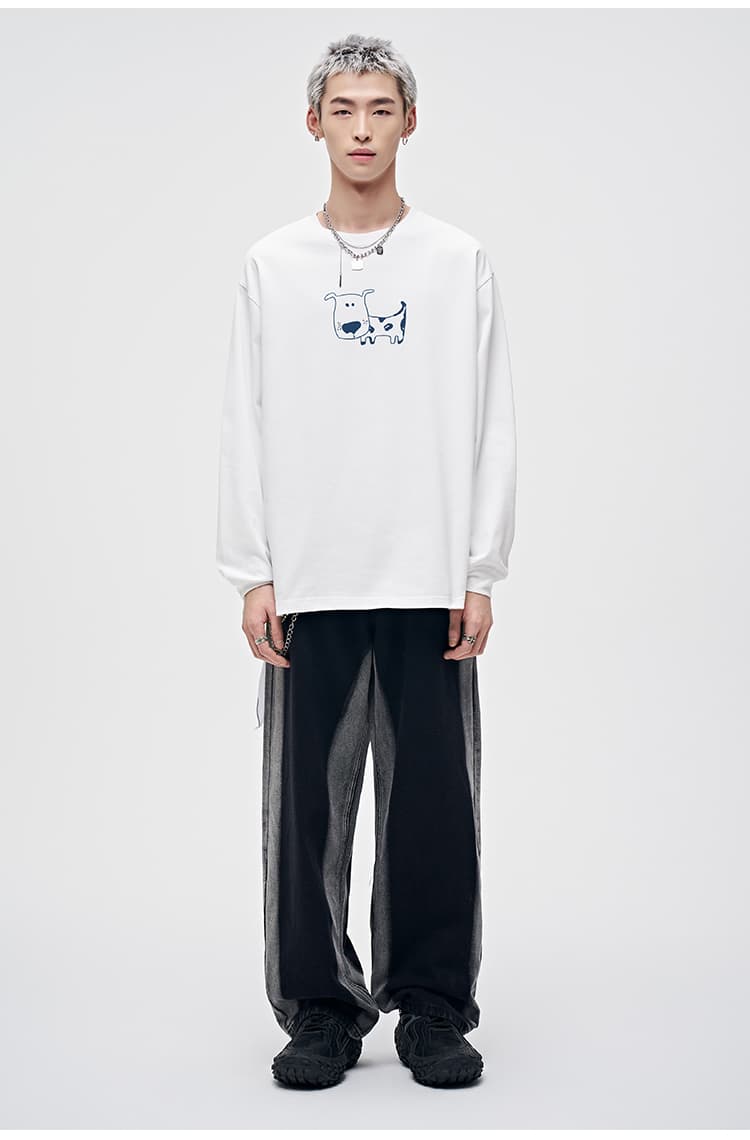 白Tシャツ メンズ わんこイラスト長袖ゆるシルエット