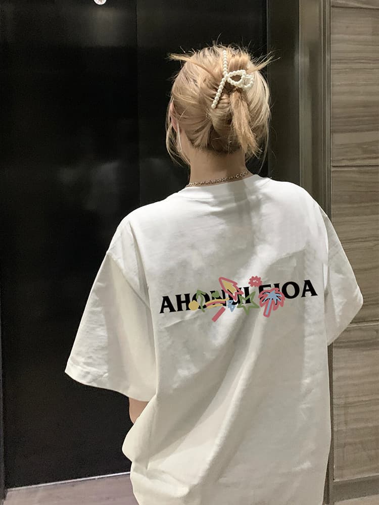 白Tシャツ レディース 南国花模様プリント半袖シャツ