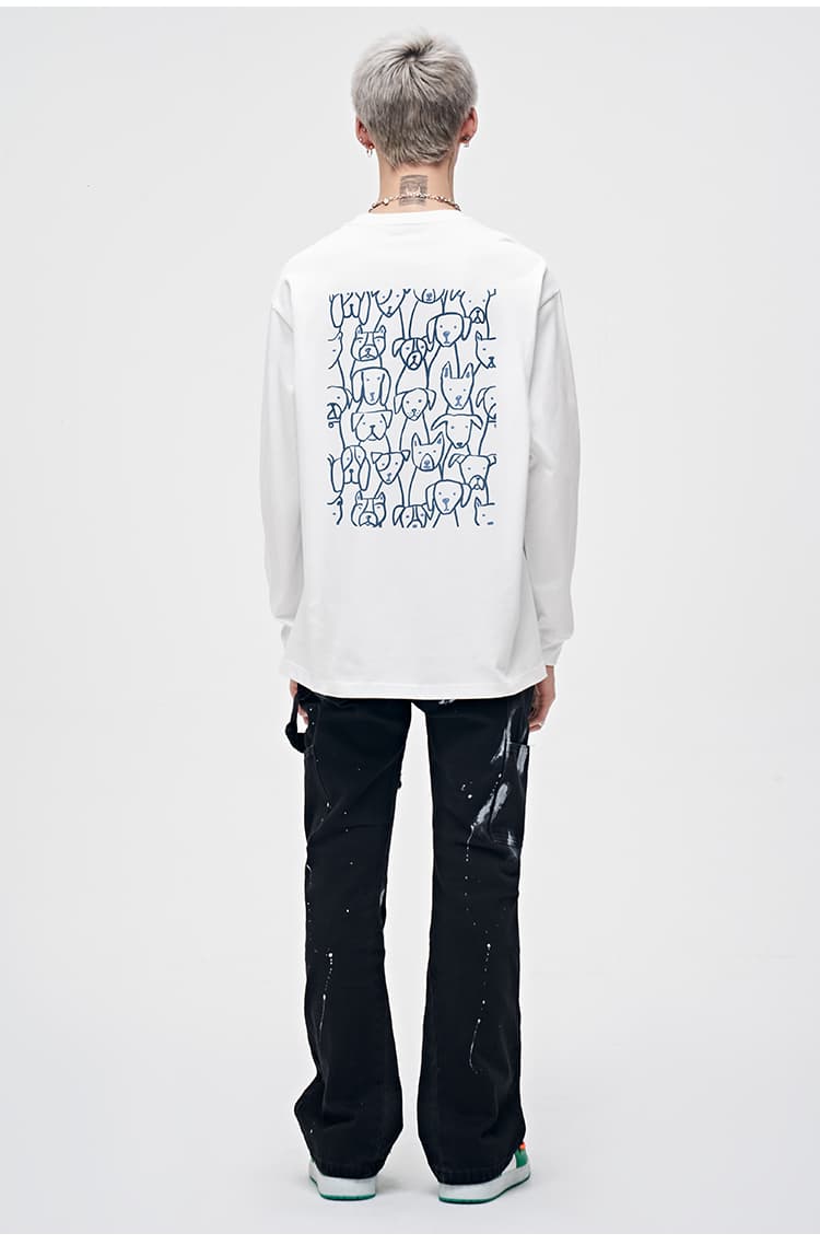 白Tシャツ メンズ わんこイラスト長袖ゆるシルエット