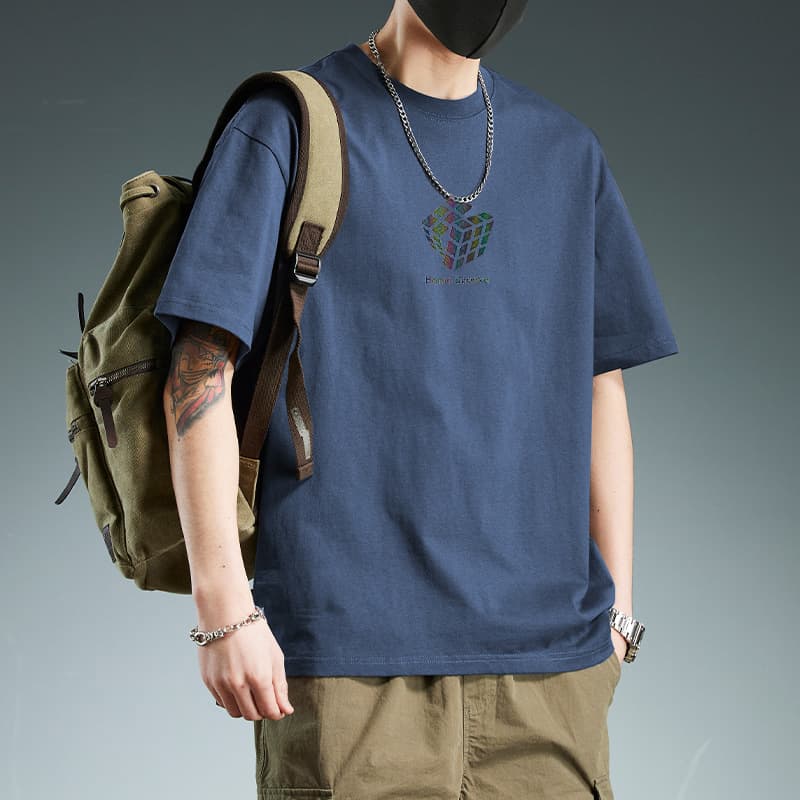 白Tシャツ メンズ 立体パズル図柄 クルーネック半袖