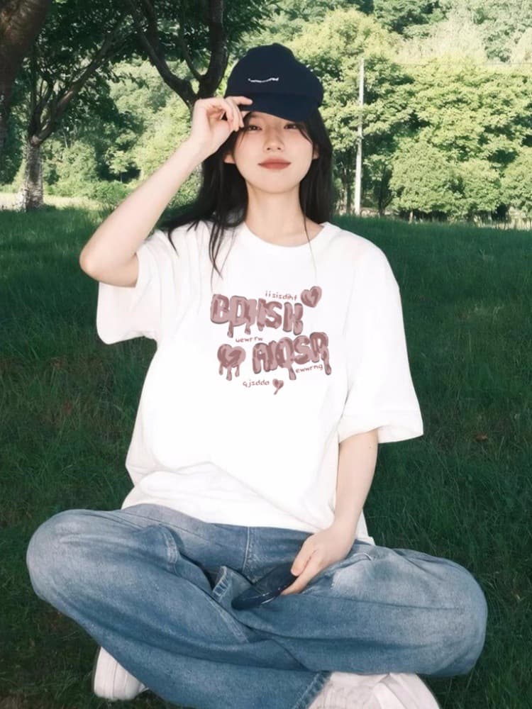 白Tシャツ レディース ゆったりレタープリント半袖Tシャツ