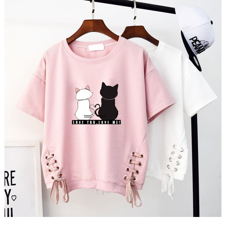 白Tシャツ 可愛い顔プリントレディース白半袖サイド編み込み