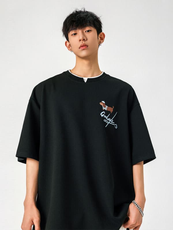 白Tシャツ メンズ わんこ刺繍入りゆったり半袖カットソー