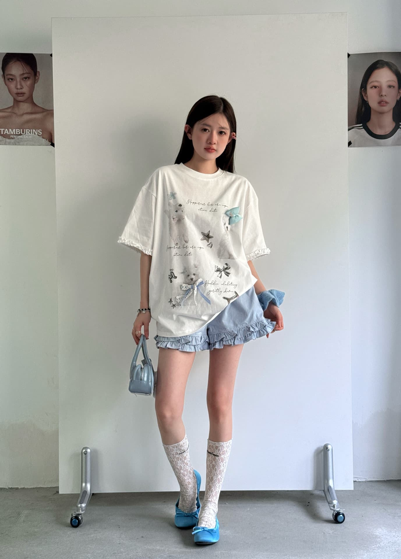 白Tシャツ レディース フリル袖子犬プリント半袖シャツ