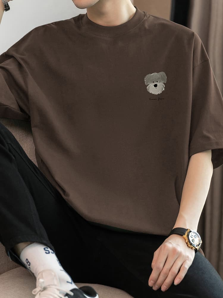 白Tシャツ メンズ 子犬刺繍入りゆったり半袖