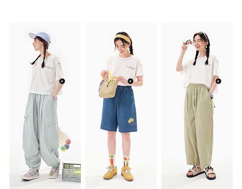 白Tシャツ 虹色ステッチ装飾クルーネック半袖