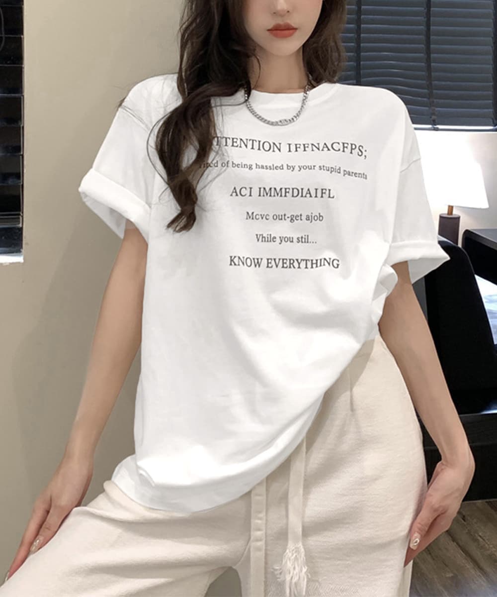 文字プリント半袖ゆったり韓国風白Tシャツ レディース