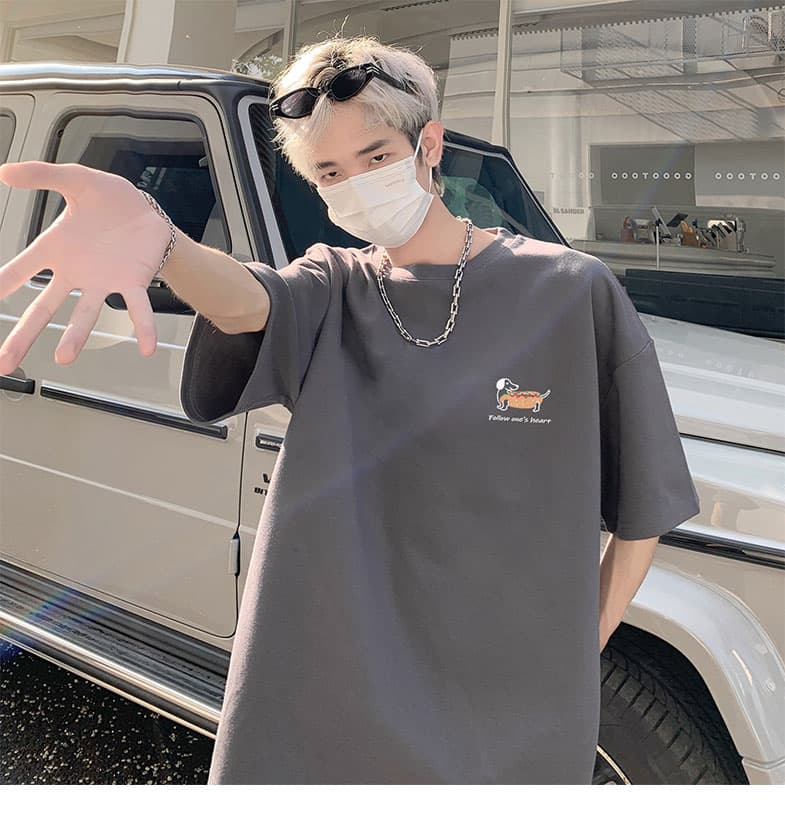 白Tシャツ メンズ 心のお供 いぬ仲間イラスト入り半袖