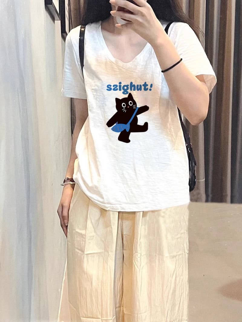 白Tシャツ レディース 遊び猫プリント半袖Vネックトップス