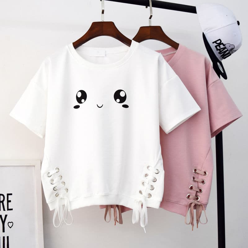 白Tシャツ 可愛い顔プリントレディース白半袖サイド編み込み