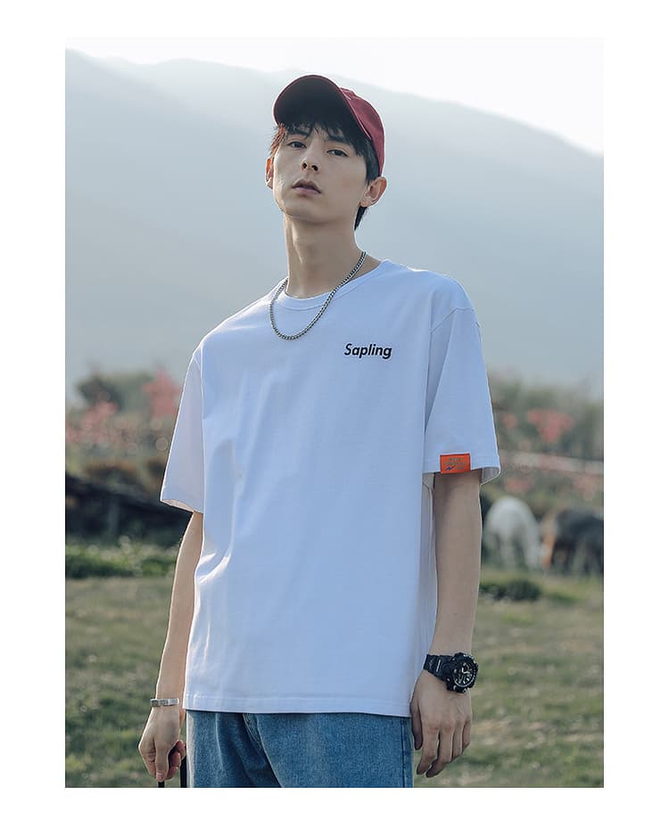 白Tシャツ メンズ シンプル胸ロゴ入り半袖カットソー