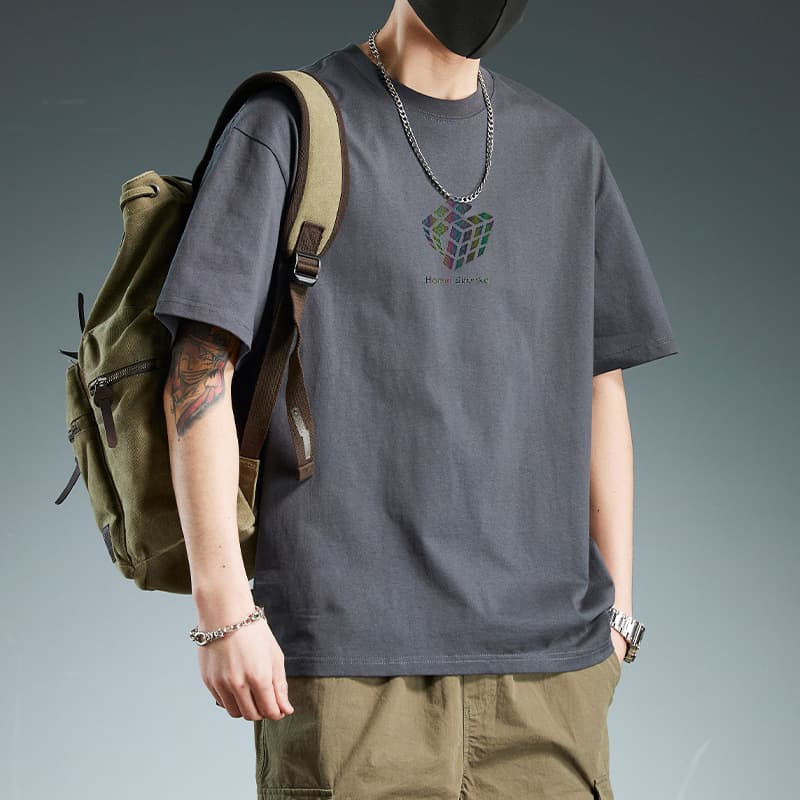 白Tシャツ メンズ 立体パズル図柄 クルーネック半袖