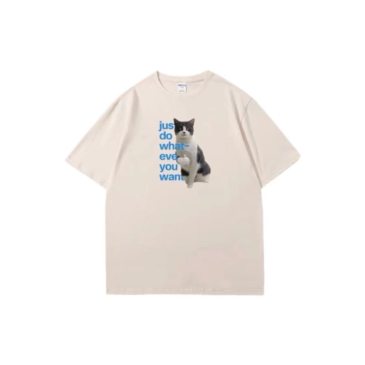 白Tシャツ メンズ 気ままな猫イラスト入り半袖シャツ