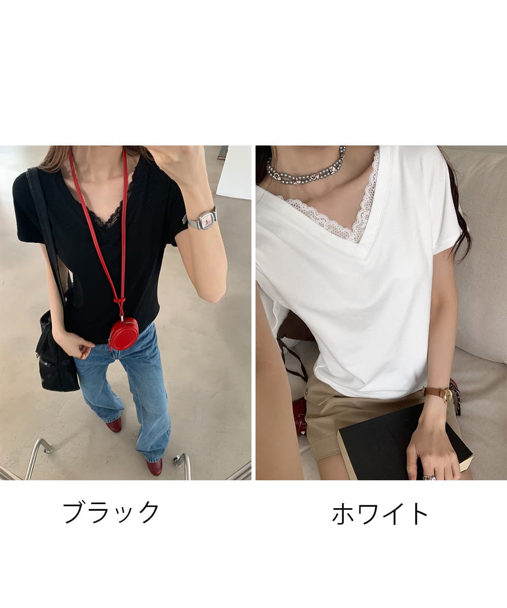 白Tシャツ レースVネック半袖Tシャツ春夏レディース