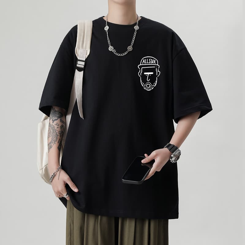 白Tシャツ メンズ イラスト顔プリント五分袖ゆったり半袖