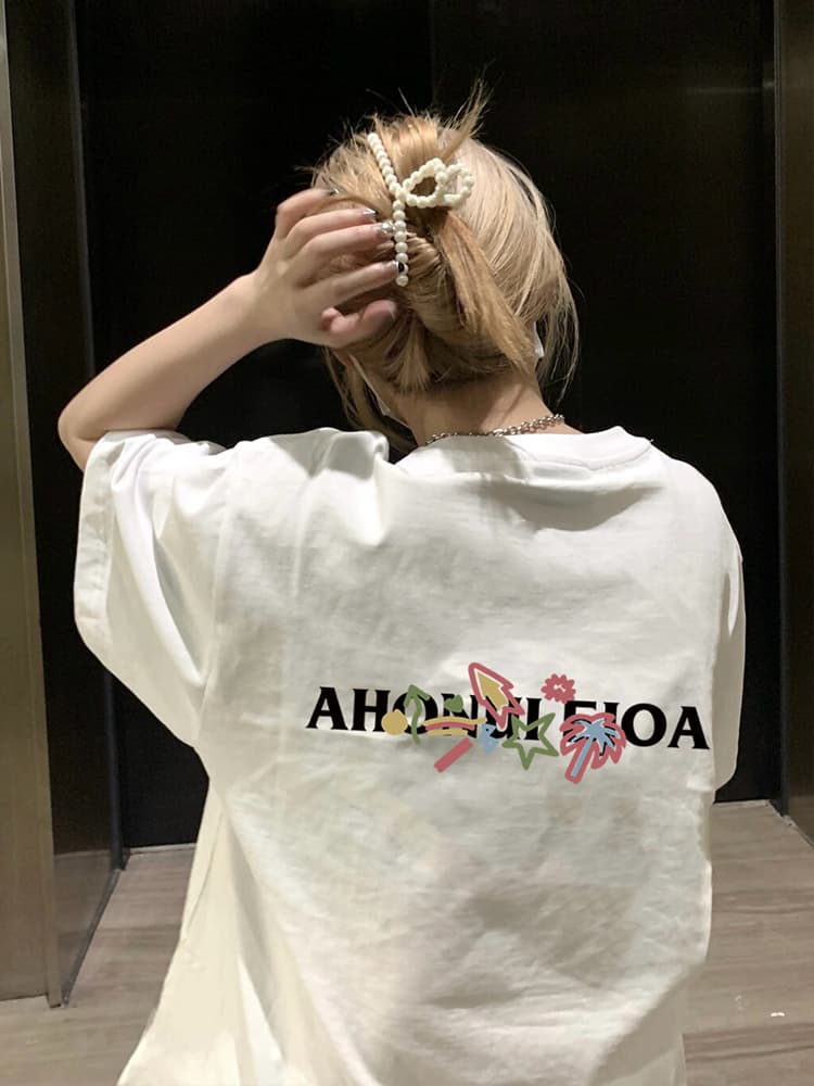 白Tシャツ レディース 南国花模様プリント半袖シャツ