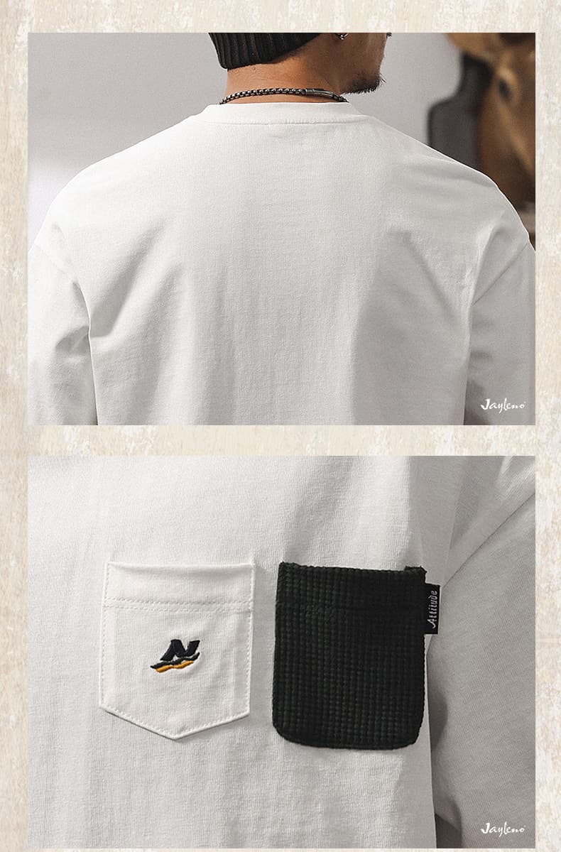 メンズ ゆったり半袖白Tシャツ ポケット付きカジュアルトップス