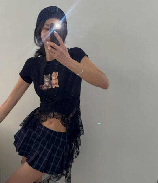 白Tシャツ レディース 白 半袖 猫プリント レース裾ブラウス