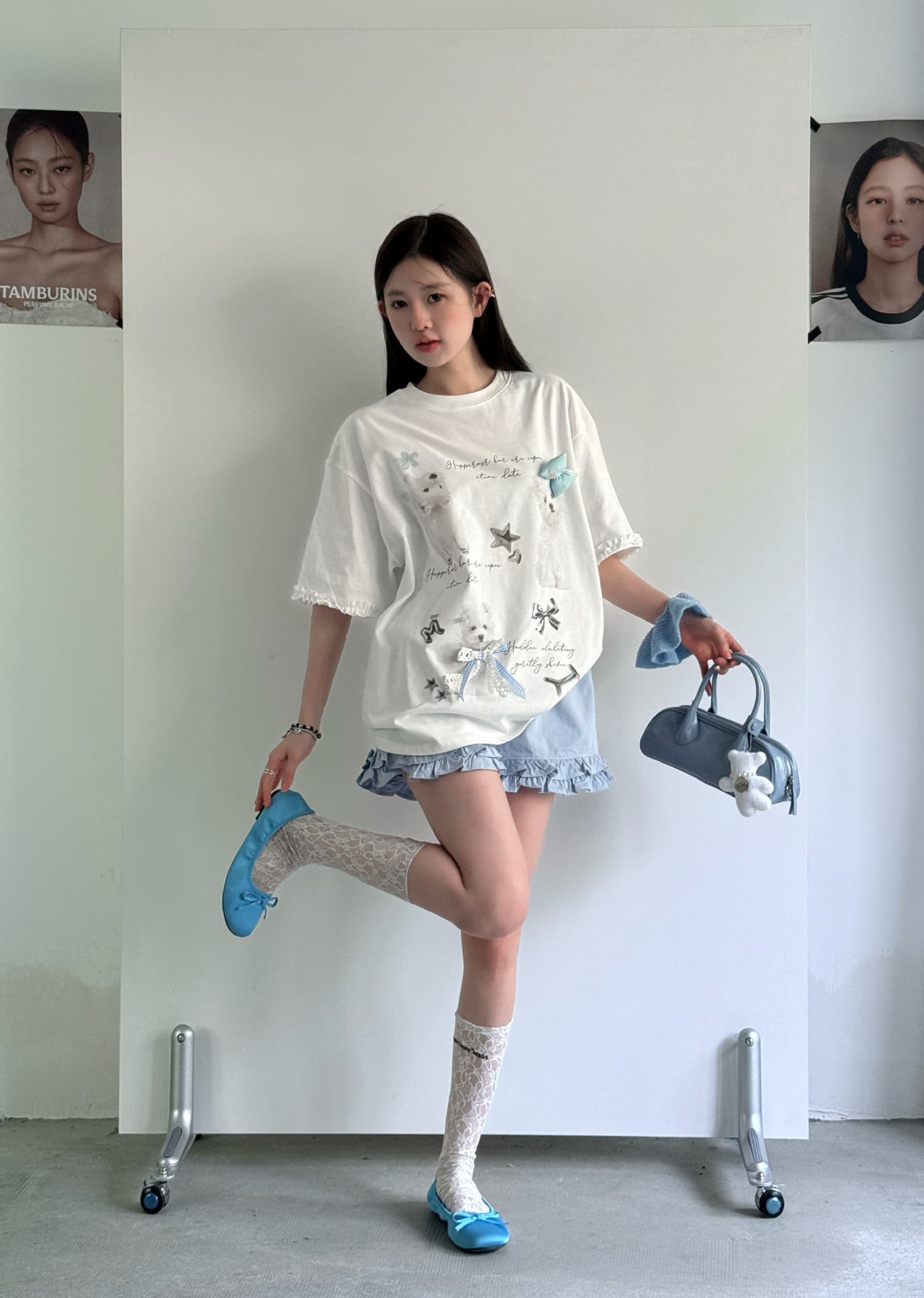 白Tシャツ レディース フリル袖子犬プリント半袖シャツ