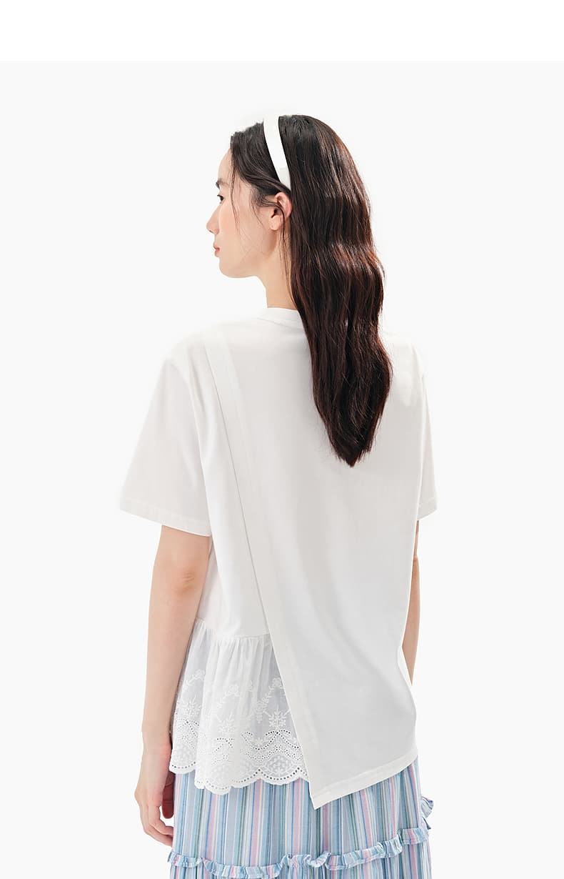 白Tシャツ レース裾切替え雲柄デザインシャツ