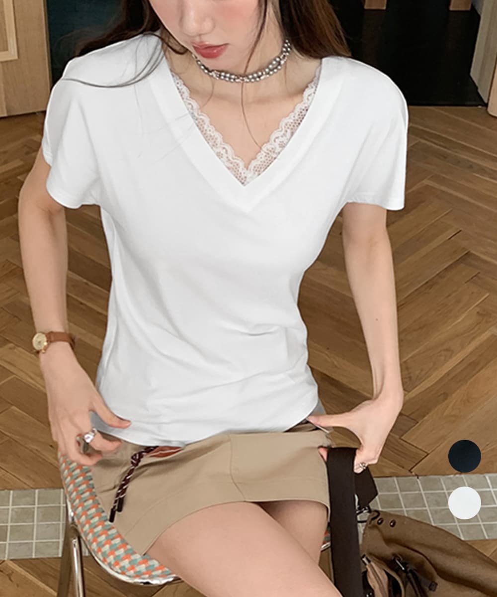 白Tシャツ レースVネック半袖Tシャツ春夏レディース