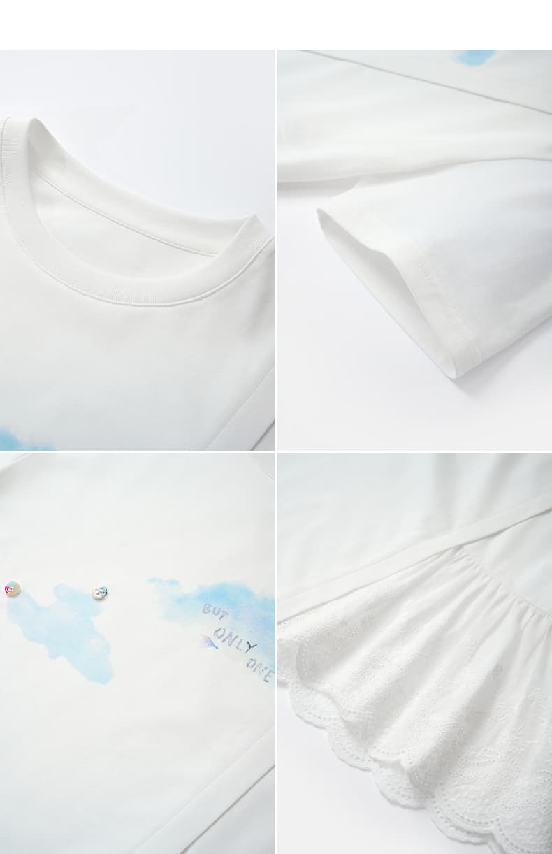 白Tシャツ レース裾切替え雲柄デザインシャツ