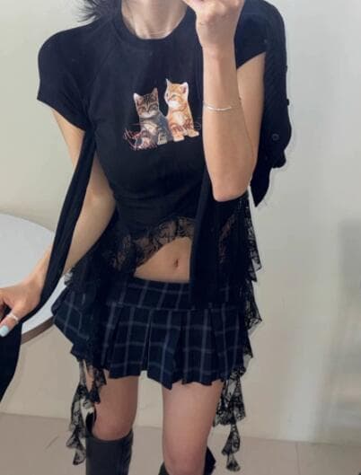 白Tシャツ レディース 白 半袖 猫プリント レース裾ブラウス