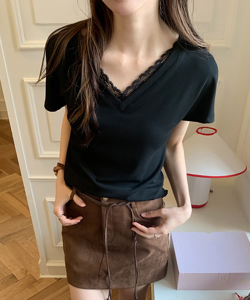 白Tシャツ レースVネック半袖Tシャツ春夏レディース