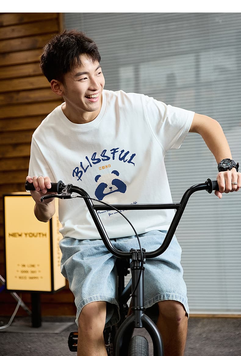 白Tシャツ メンズ 幸せパンダ イラスト半袖シャツ